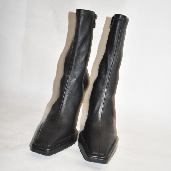 $1000 Alexander Wang Platform Bootie SOCK SQUARE HEEL LEATHER BLACK 37 (DA14) - Picture 4 of 10